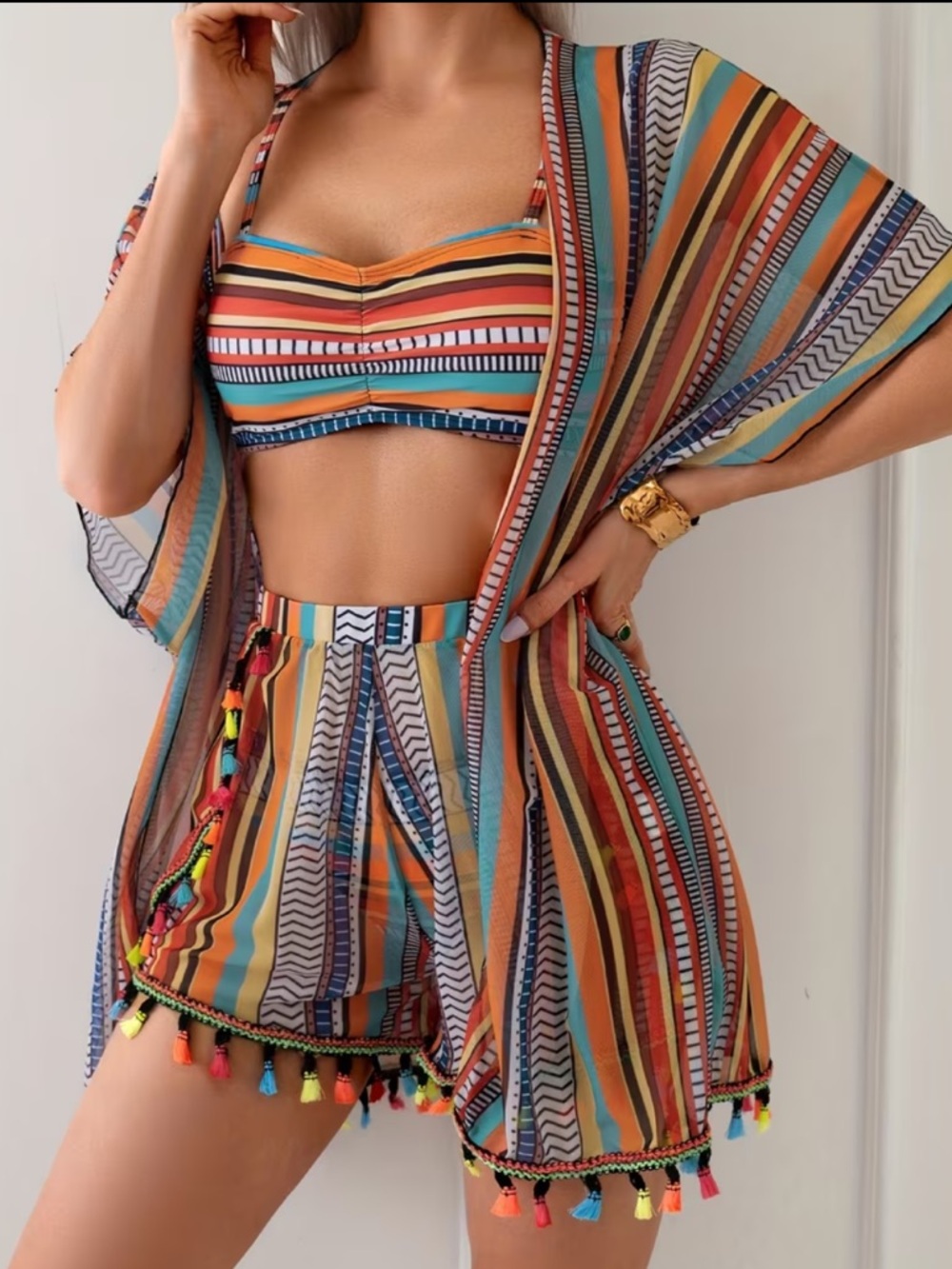Striped Multicolor Bikini Set with Cover-Up - Picture 3 of 7